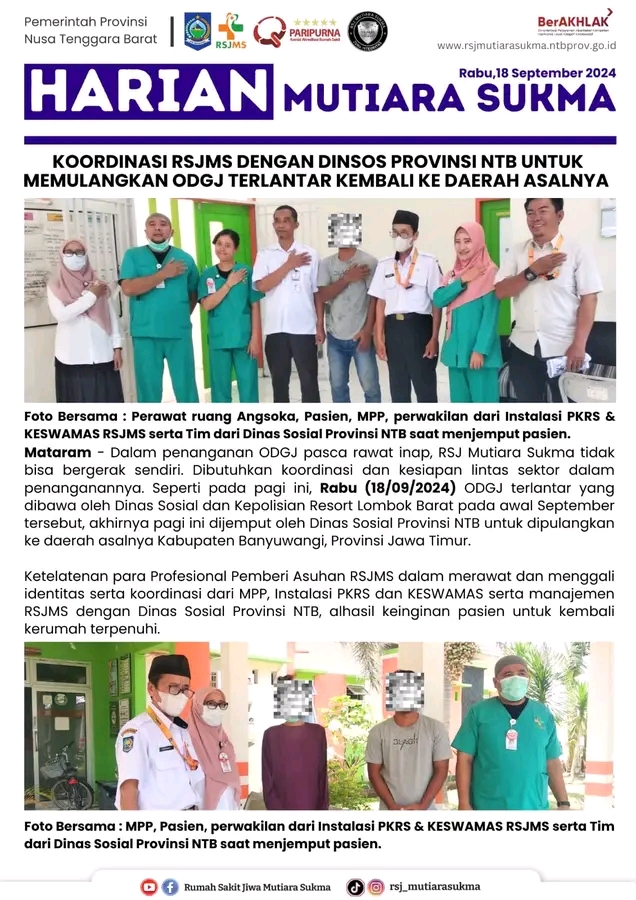 KOORDINASI RSJMS DENGAN DINSOS PROVINSI NTB UNTUK MEMULANGKAN ODGJ TERLANTAR KEMBALI KE DAERAH ASALNYA